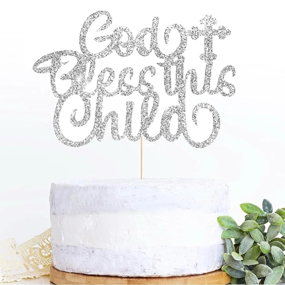 💞 New Silver Glitter God Bless This Child Baptism Christening Cake Topper